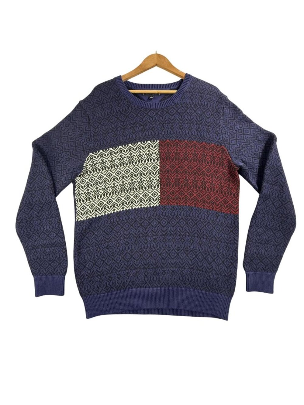 Tommy Hilfiger Sweater Mens XL Blue Geometric Flag Crewneck Knit Pullover AOP
